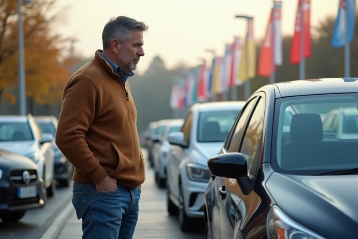Homme d'âge moyen inspectant une voiture d'occasion