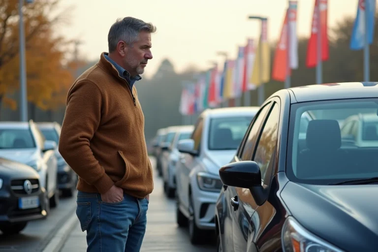 Homme d'âge moyen inspectant une voiture d'occasion