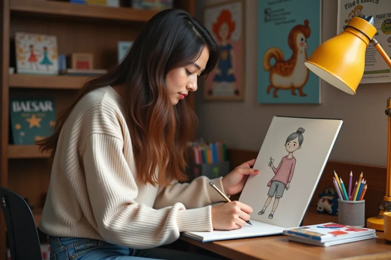 Jeune illustrateur esquissant un personnage de dessin animé dans un studio créatif