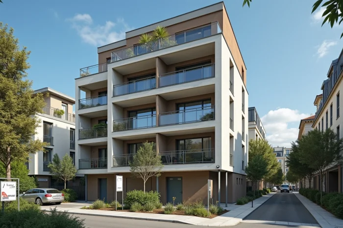 Immeuble résidentiel neuf éligible au dispositif Pinel avec panneau de location en ville française