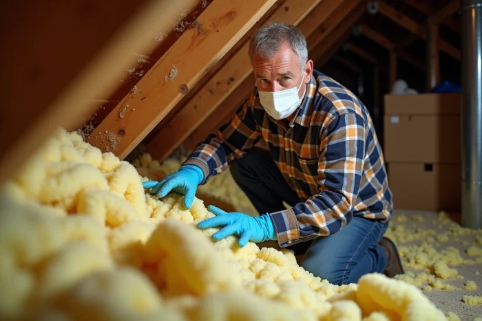 Homme inspectant l'isolation dans un grenier ancien