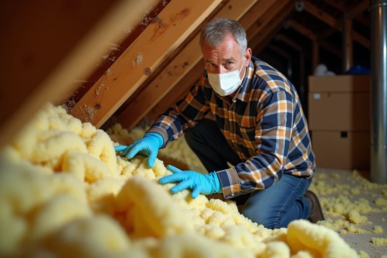 Homme inspectant l'isolation dans un grenier ancien