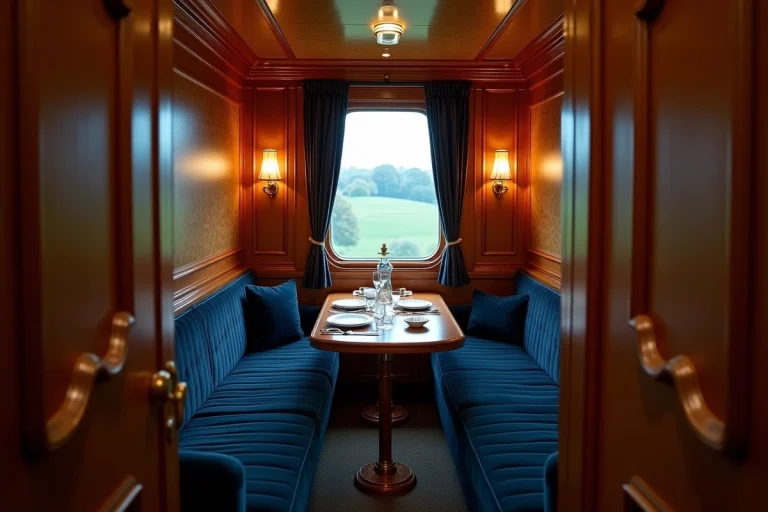 Intérieur luxueux d'un compartiment de l'Orient-Express avec boiseries en acajou, sièges en velours bleu et art de la table raffiné
