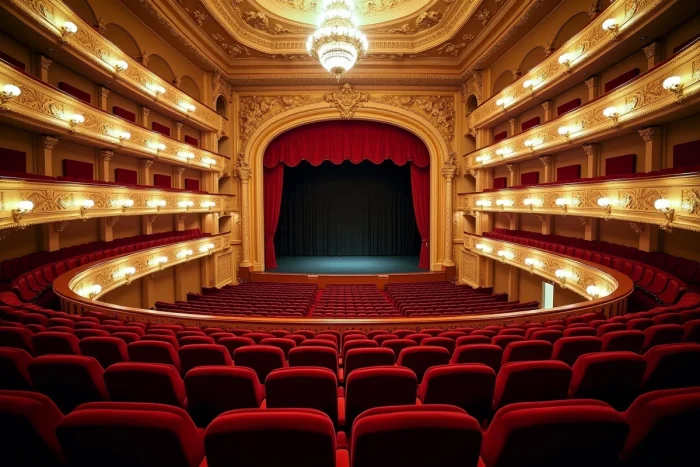 Vue intérieure du Théâtre Mogador depuis le balcon montrant la disposition des rangées de sièges et la scène