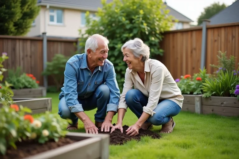 Couple senior souriant en jardinant dans leur jardin