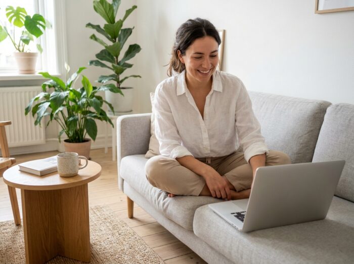 Jeune femme souriante apprenant de nouvelles compétences en ligne sur son canapé à domicile dans le cadre d'un changement de carrière