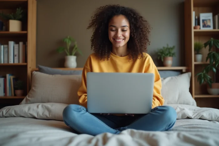 Jeune femme souriante utilisant un ordinateur portable dans sa chambre