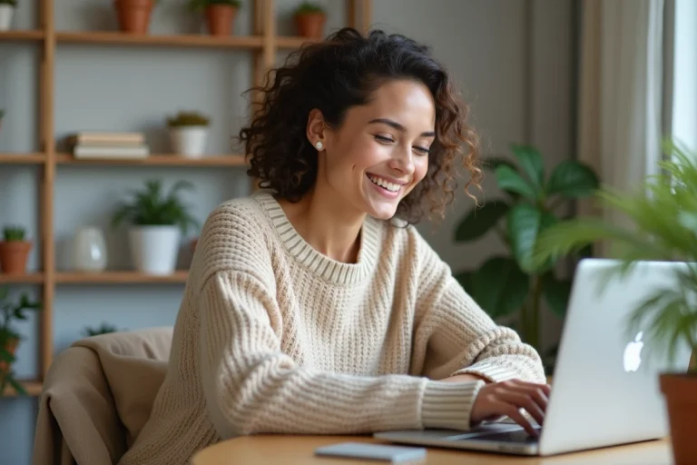 Jeune femme souriante utilisant un ordinateur dans un intérieur cosy