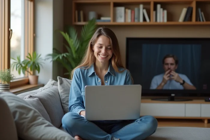 Jeune femme souriante avec ordinateur dans un salon cosy