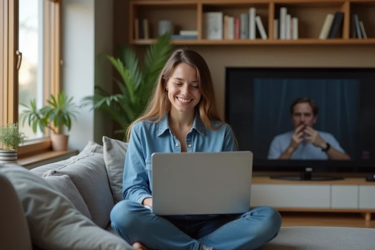 Jeune femme souriante avec ordinateur dans un salon cosy