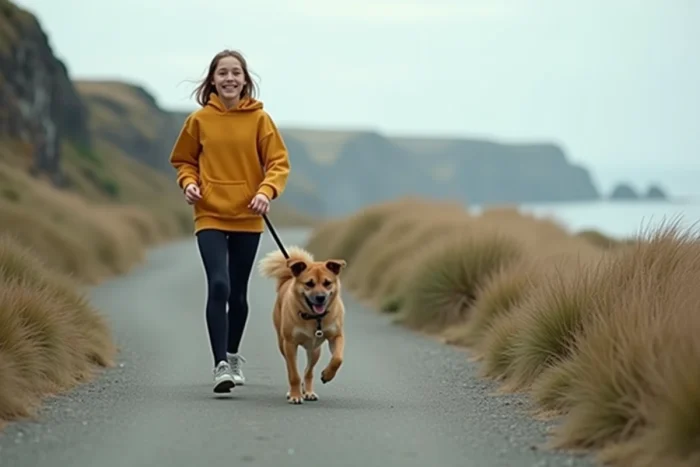 Jeune fille promenant son chien sur un sentier côtier, promenade quotidienne et bien-être animal