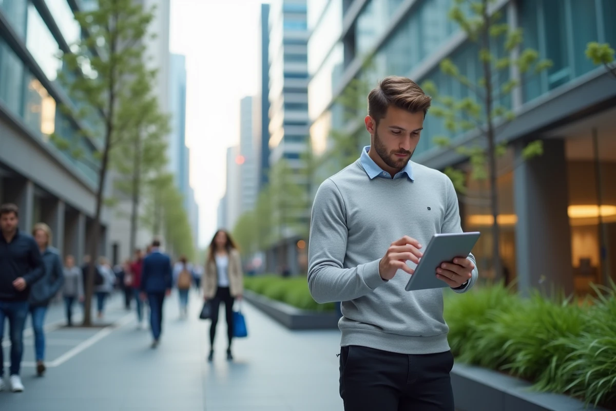 Jeune homme regardant des actualites économiques sur une tablette