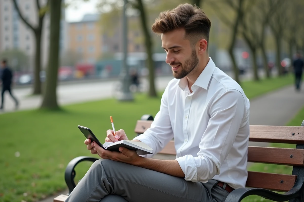 Jeune homme au parc regardant son smartphone et prenant des notes