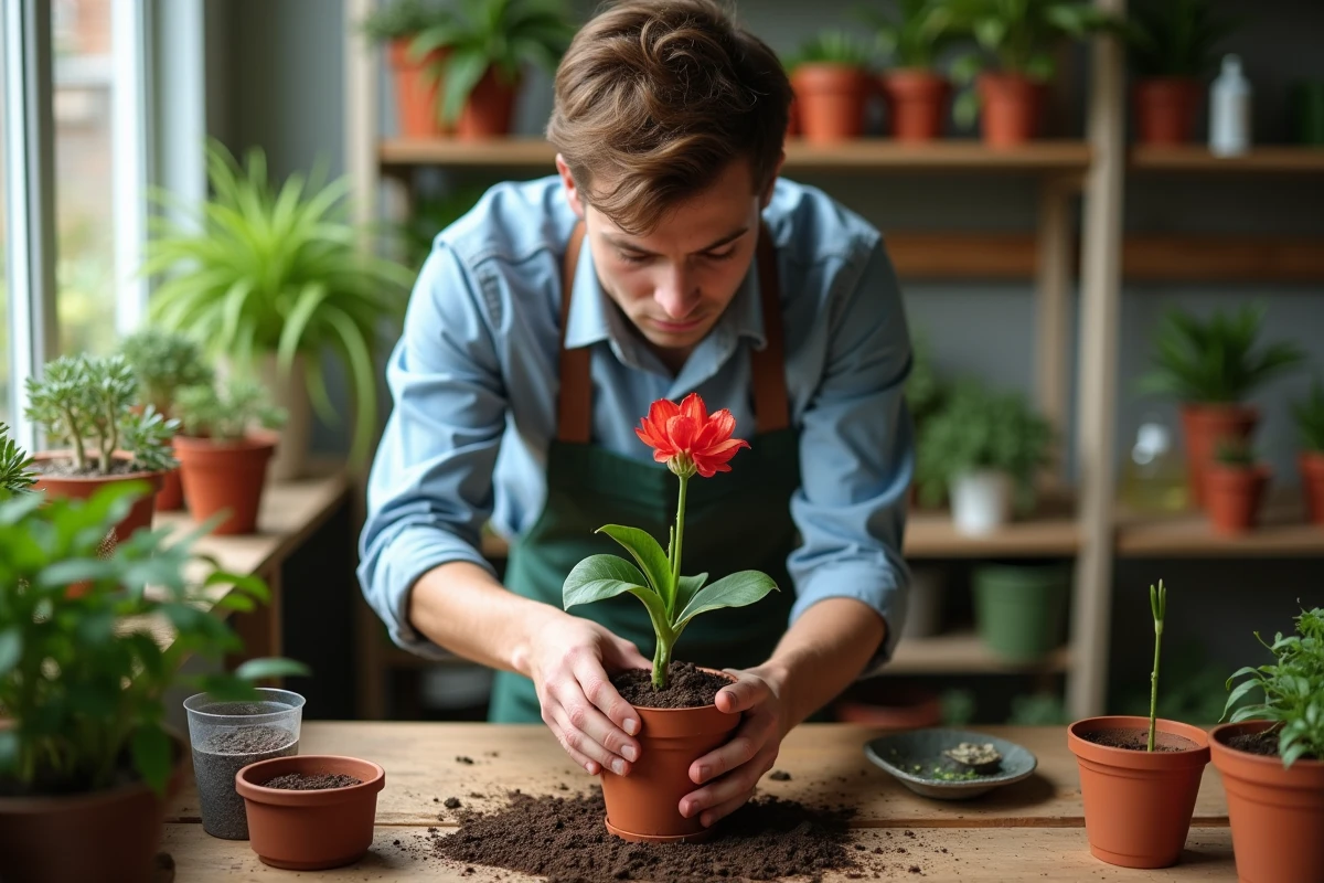 Jeune homme plante une tige d