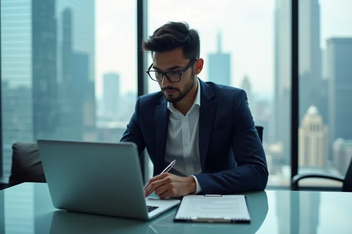Jeune homme d'affaires concentré devant son ordinateur en bureau moderne