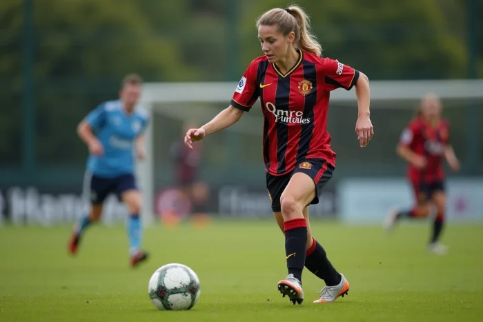 Joueuse de football féminin en pleine action lors d'un match officiel de club professionnel