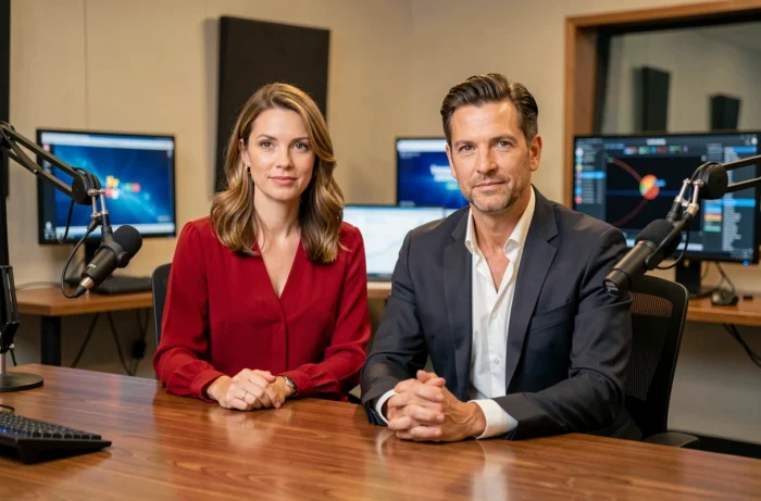 Journalistes professionnels assis dans un studio de télévision, symbolisant deux personnalités médiatiques réunies