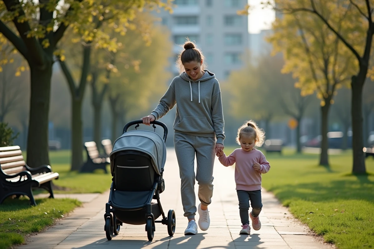 Maman poussant la poussette dans un parc urbain