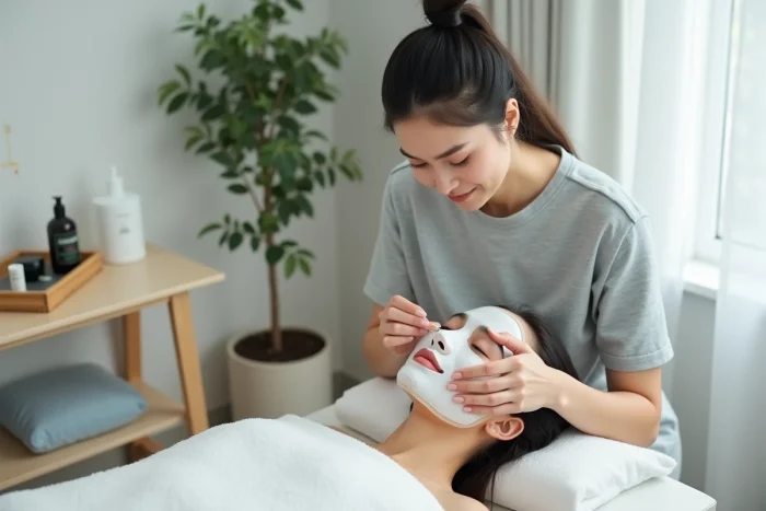 Application d'un masque facial par une esthéticienne indépendante dans un espace soin à domicile