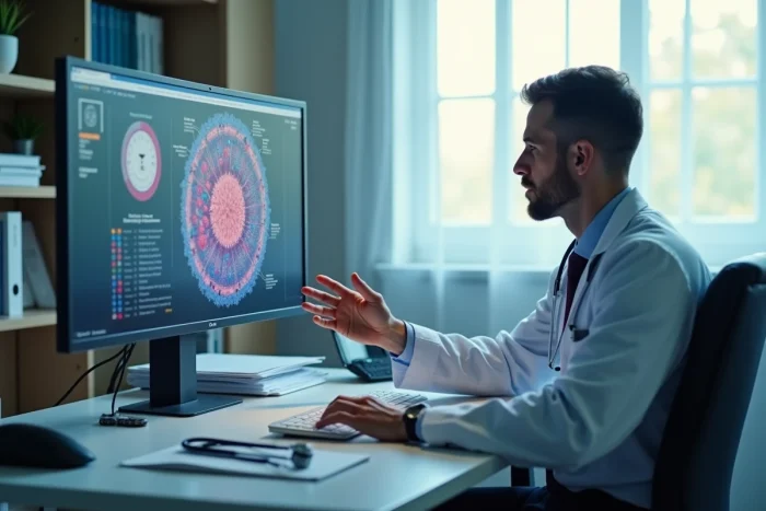 Médecin spécialiste analysant des résultats d'analyse sanguine sur écran pour expliquer les causes et traitements de la granulocytose