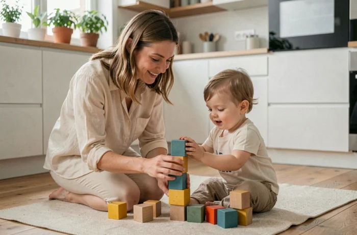 Mère et enfant en bas âge jouant ensemble avec des cubes en bois colorés sur le sol d'une cuisine moderne, illustrant des moments de parentalité positive au quotidien