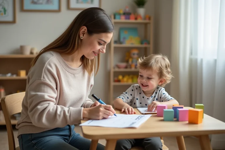 Jeune nounou avec un enfant jouant dans la crèche