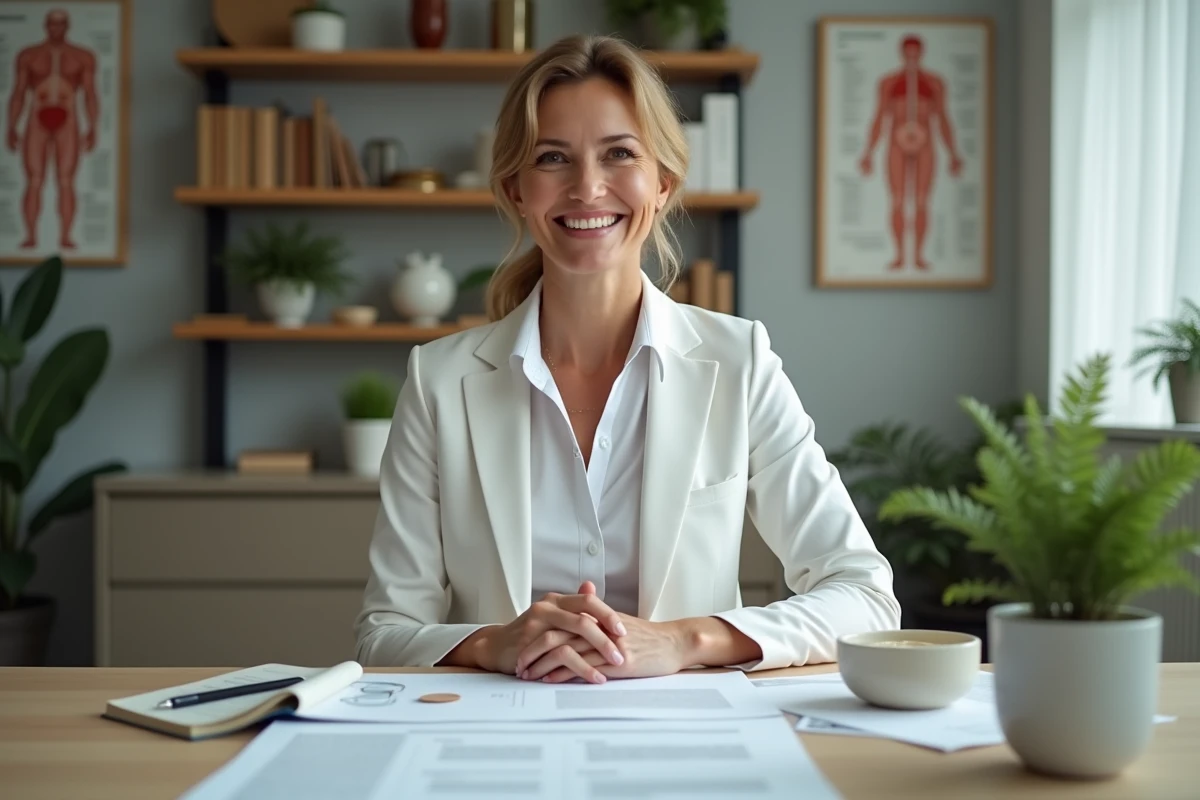 Nutritionniste en consultation avec un bol de crème Budwig dans un bureau