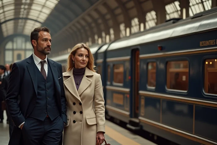 Couple élégant s'apprêtant à monter à bord de l'Orient-Express sur un quai de gare européen historique