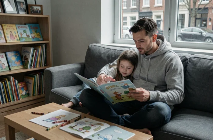 Père lisant un livre illustré à sa fille sur le canapé du salon, moment de complicité familiale incarnant les conseils de parentalité bienveillante