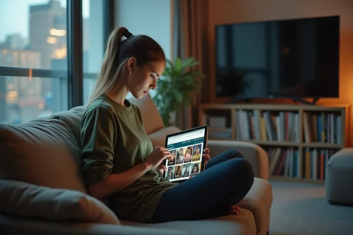 Femme consultant un site de piratage en ligne sur une tablette dans un appartement moderne