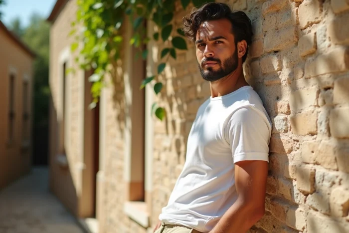 Homme séduisant au style décontracté appuyé contre un mur en pierre méditerranéen ensoleillé, illustration du concept viral du plus bel homme du monde 2026 sur les réseaux sociaux