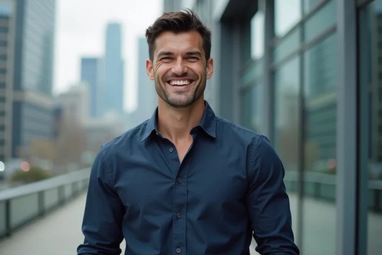 Portrait éditorial d'un homme séduisant et athlétique en chemise bleue devant un décor urbain moderne, candidat potentiel au titre de plus bel homme du monde 2026