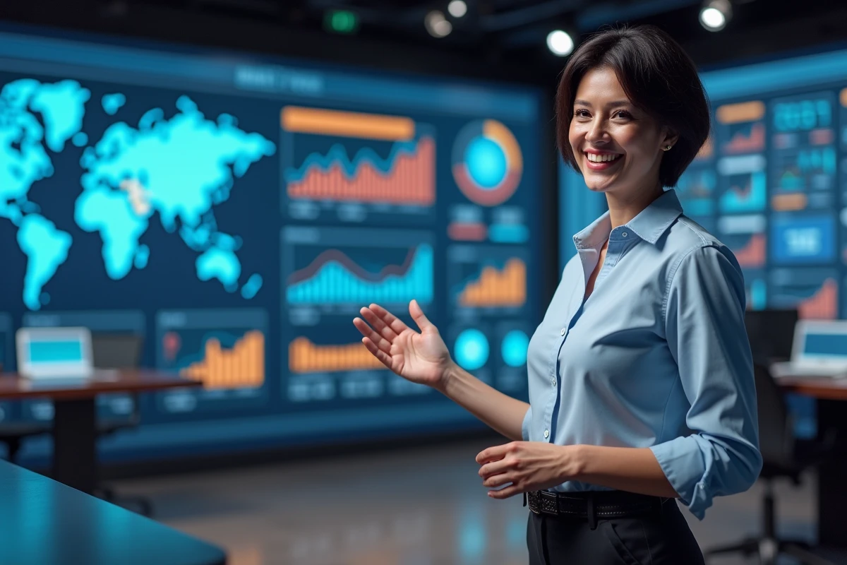 Femme media en studio avec écran de données colorées