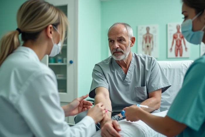 Prise de sang réalisée sur un patient dans un cabinet médical pour diagnostiquer une granulocytose ou anomalie des globules blancs
