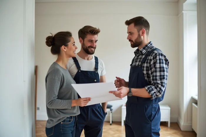 Chef de chantier expliquant le projet à un couple dans un appartement parisien