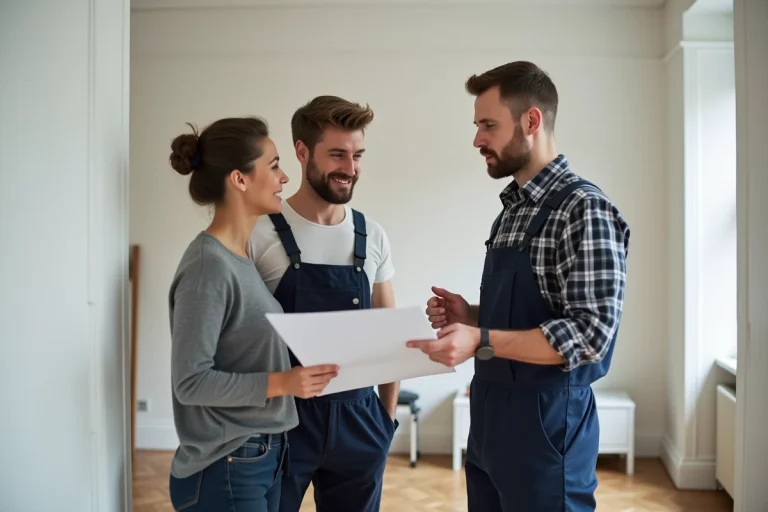 Chef de chantier expliquant le projet à un couple dans un appartement parisien