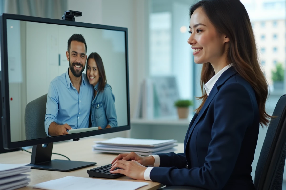 Secretaire en visioconference avec un couple à distance
