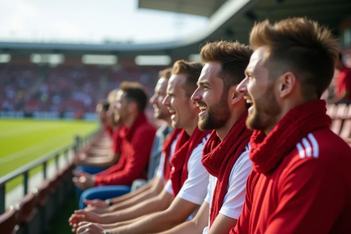 Groupe de supporters passionnés dans les tribunes d'un stade, représentant l'engouement et la passion du sport en direct