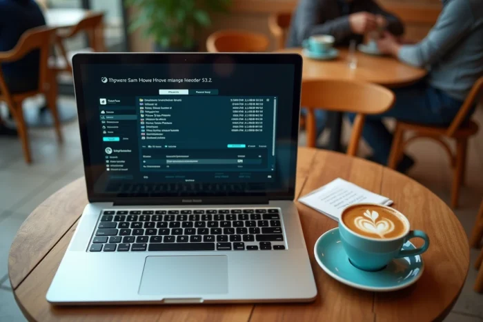 Écran d'ordinateur portable affichant un téléchargement illégal en cours dans un café