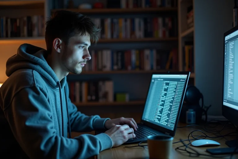 Jeune homme naviguant sur un site de téléchargement illégal depuis son bureau encombré