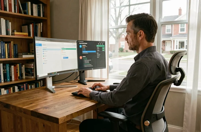 Homme en télétravail gérant ses accès professionnels en ligne via un gestionnaire de mots de passe et un VPN sur double écran