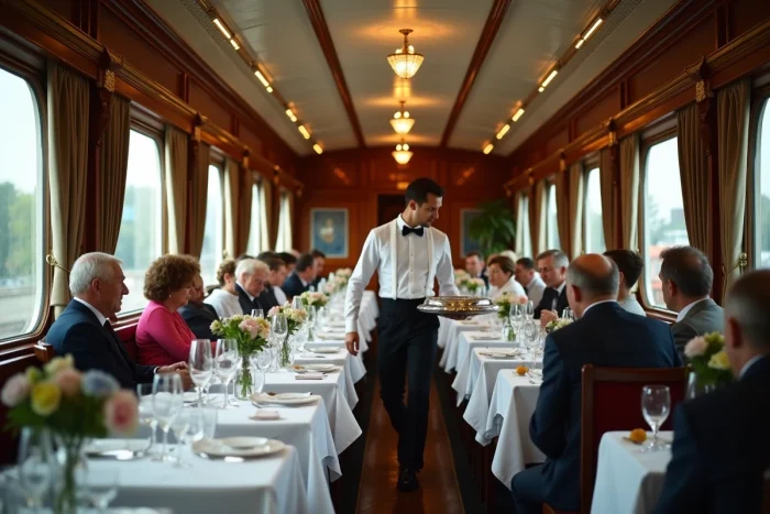 Wagon-restaurant de l'Orient-Express avec passagers attablés, nappes blanches, cristallerie et décors art déco